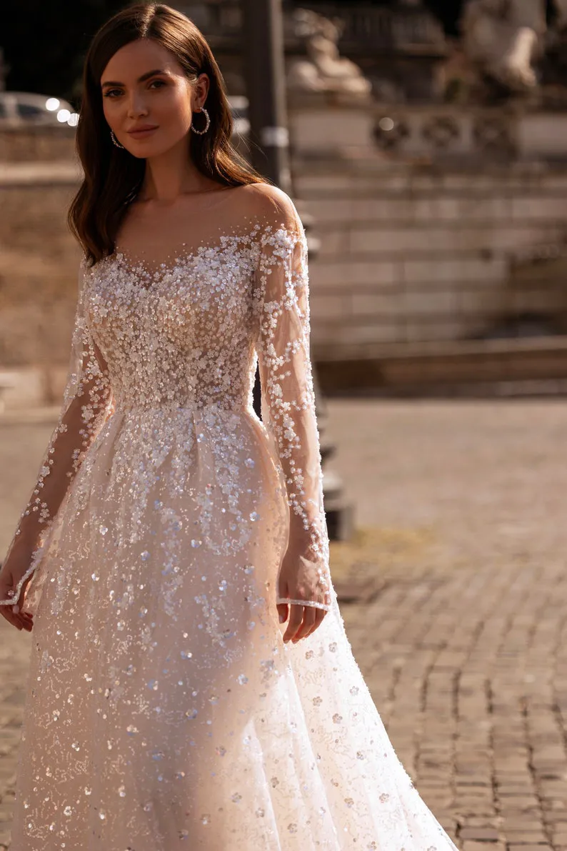 sparky floral sequin long sleeve bridal gown