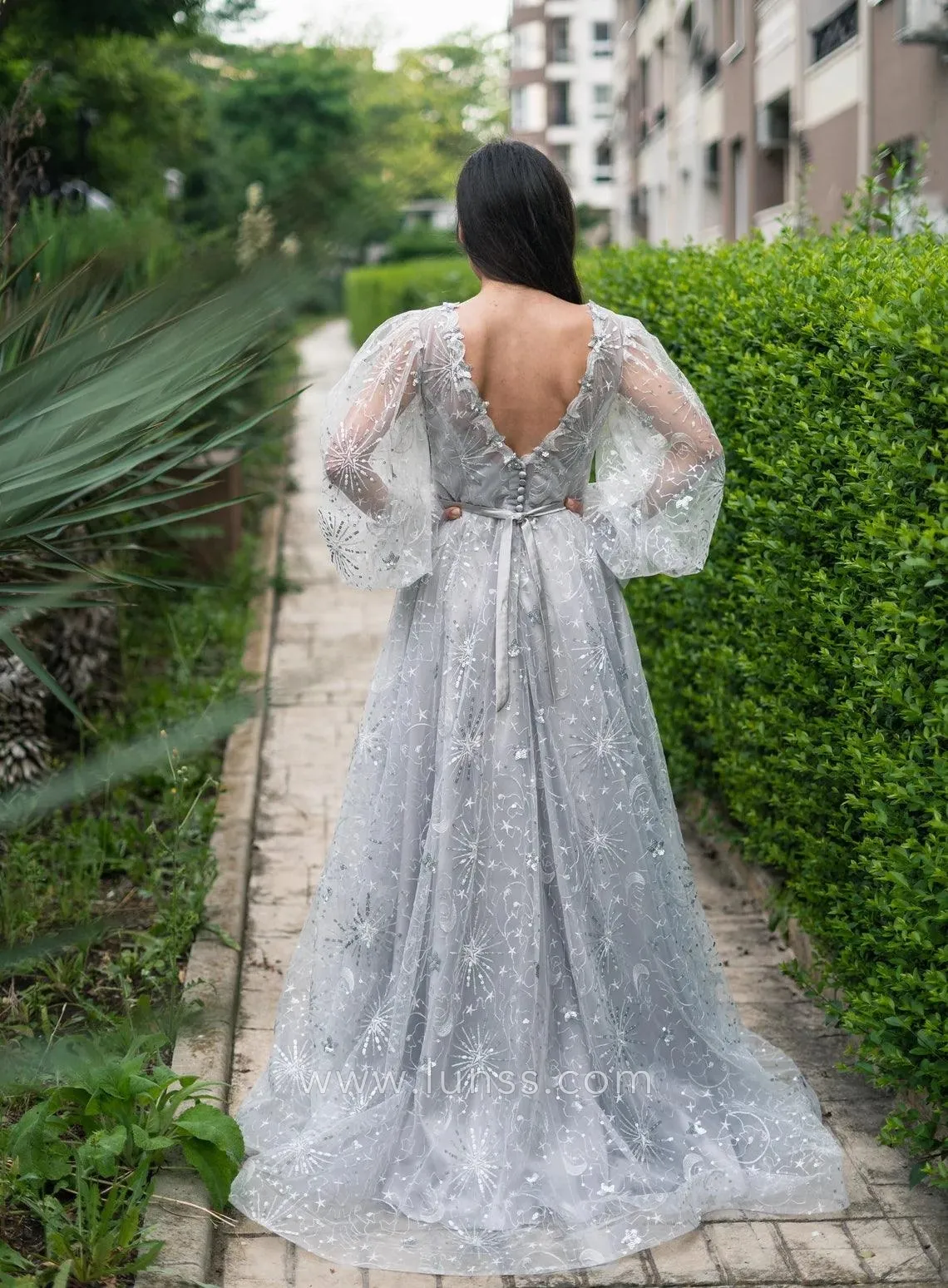 star and moon glitter mesh layered floor length bridal gown