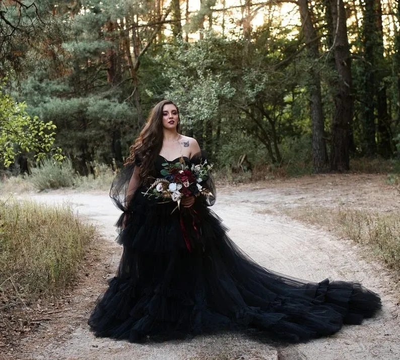 unique off shoulder puffy sleeve black tiered tulle wedding gown unique off shoulder puffy sleeve black tiered tulle wedding gown