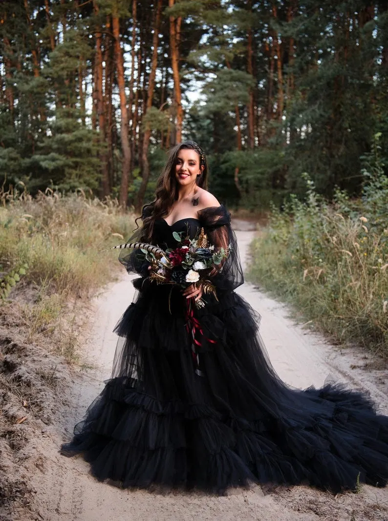 unique off shoulder puffy sleeve black tulle wedding gown unique off shoulder puffy sleeve black tulle wedding gown