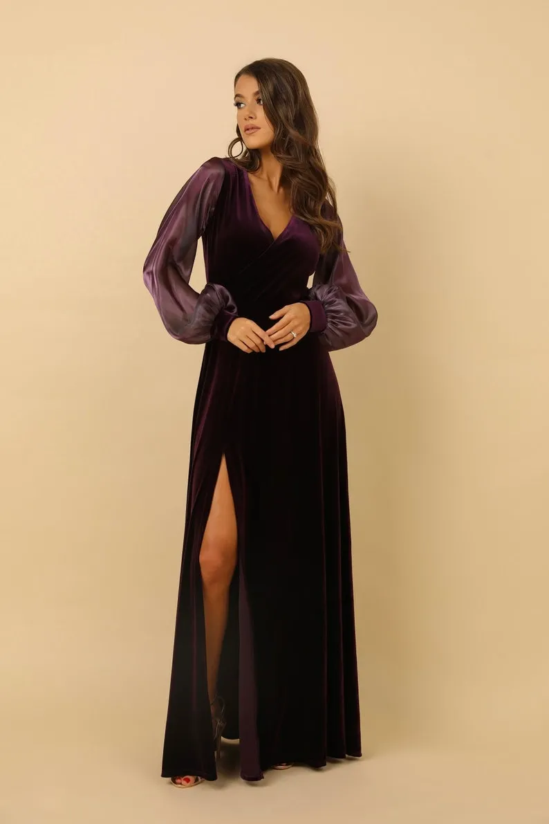 vintage plum velvet v neck organza bishop sleeve evening gown