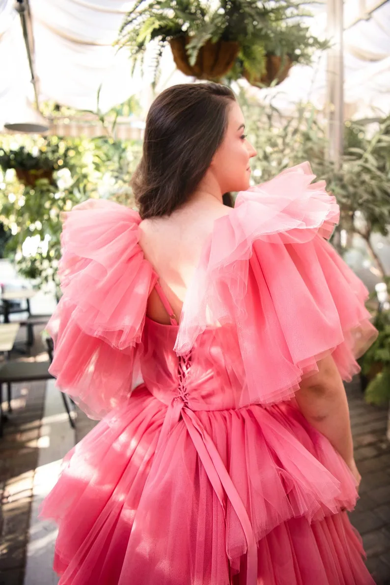 watermelon tulle puffy sleeve photoshoot dress with lace up back