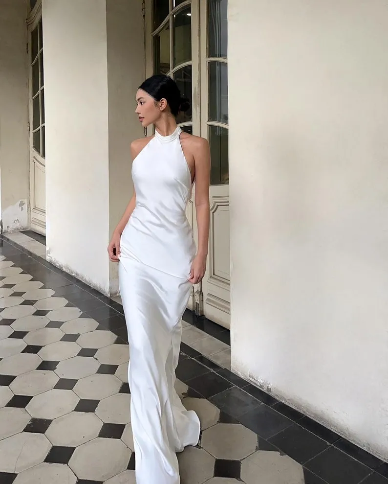 white satin halter mermaid modern wedding dress