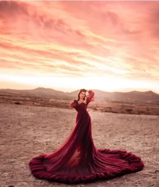 wine tulle detachable sleeve long train photoshoot dress
