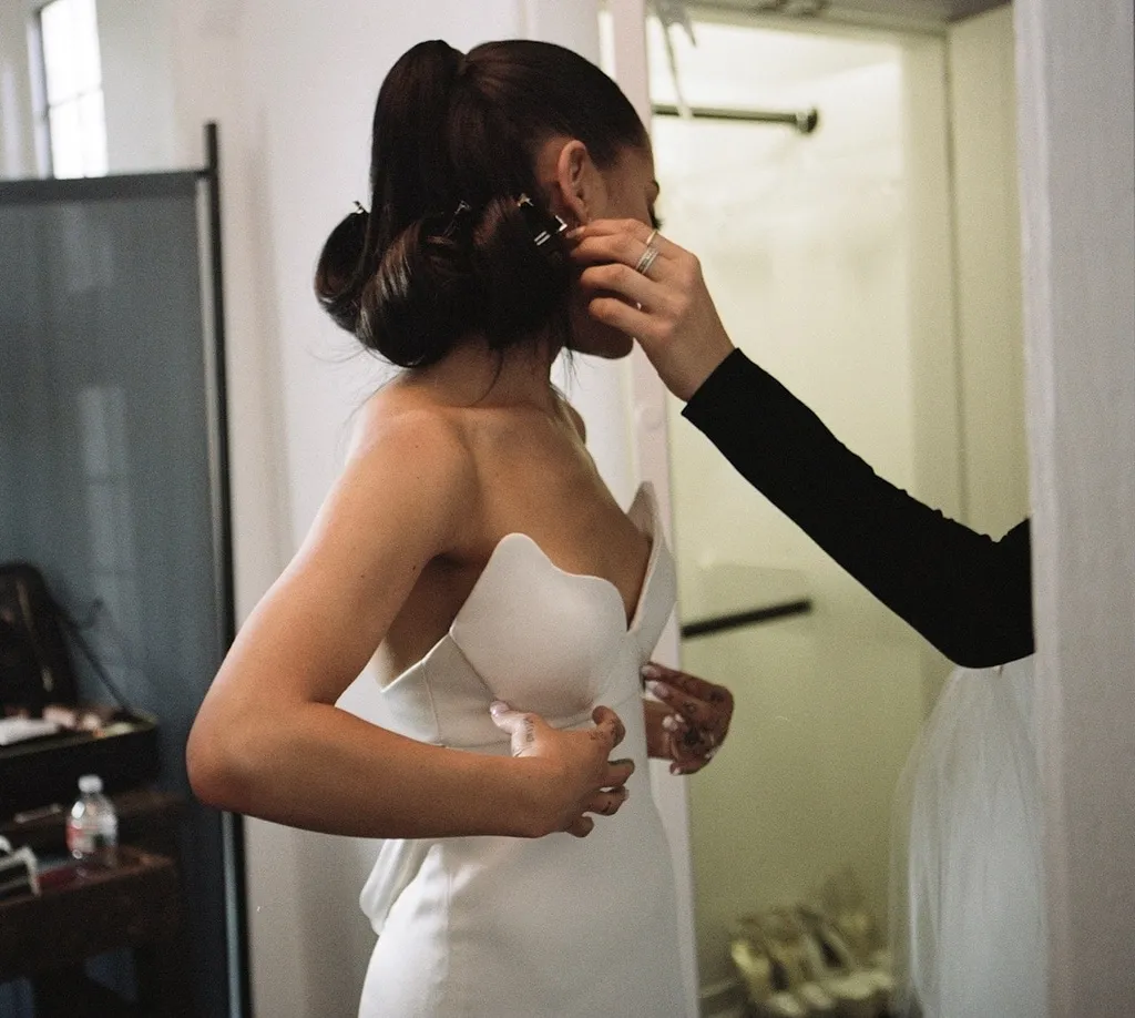 Ariana Grande sculpted neckline satin bridal dress