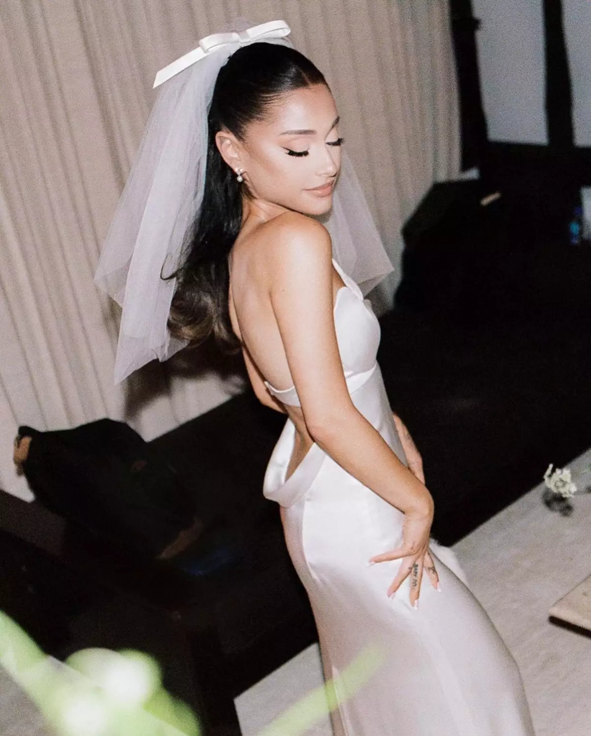 Ariana Grande simple strapless sheath wedding dress