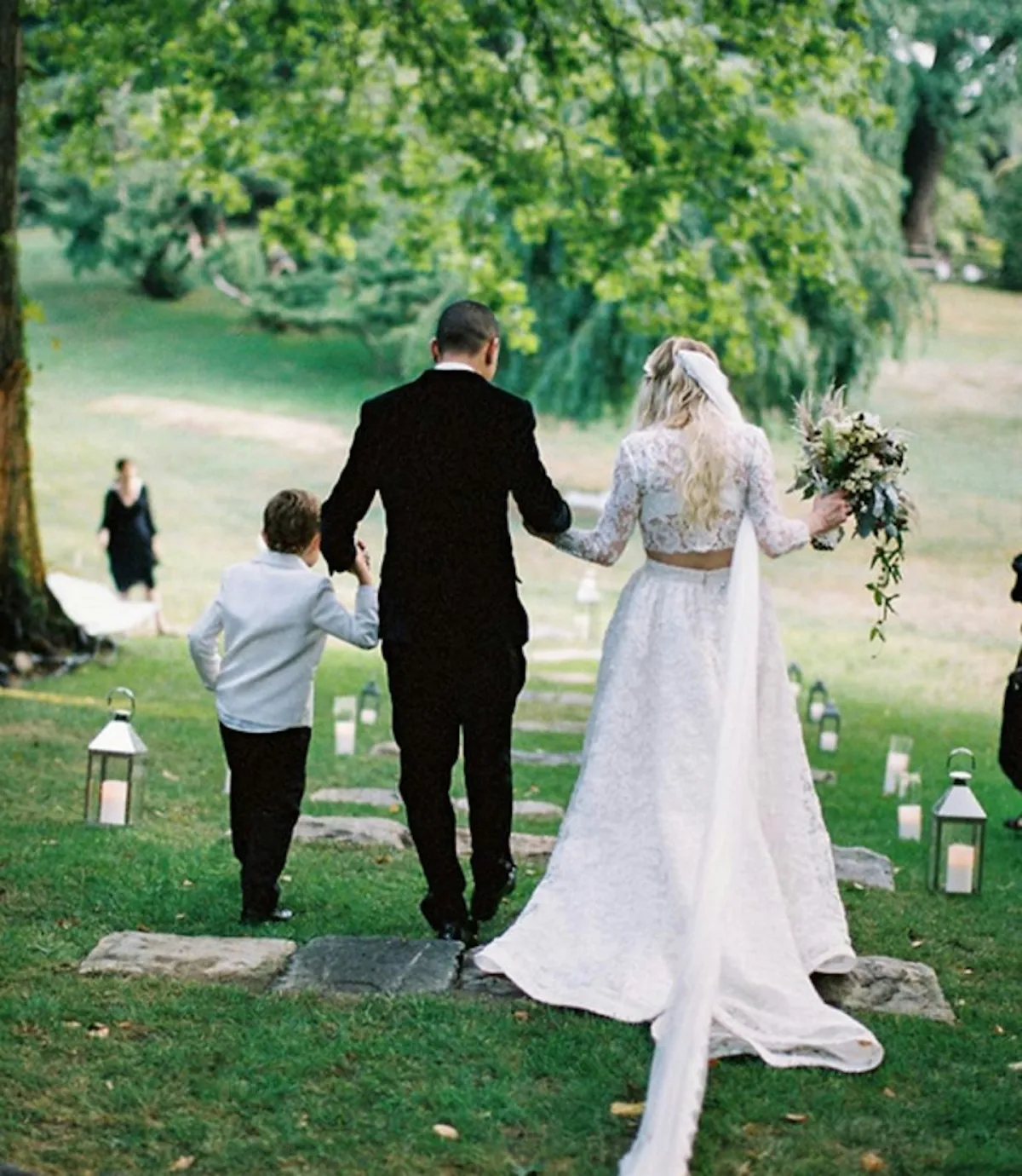 Ashlee Simpson two piece lace bridal gown with sweep train