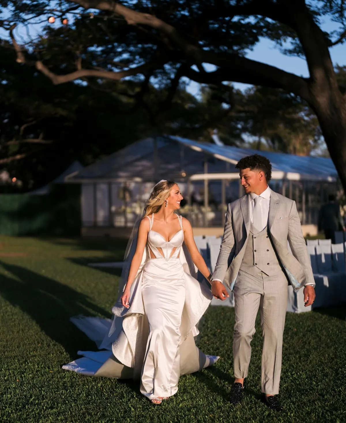 Brittany Mahomes beaded strap wedding dress with overskirt Brittany Mahomes beaded strap wedding dress with overskirt