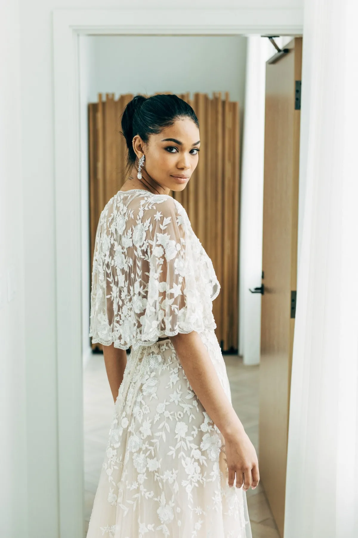 Chanel Iman boho floral lace caped wedding dress Chanel Iman boho floral lace caped wedding dress