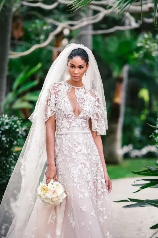 Chanel Iman lace and tulle caped celebrity wedding dress