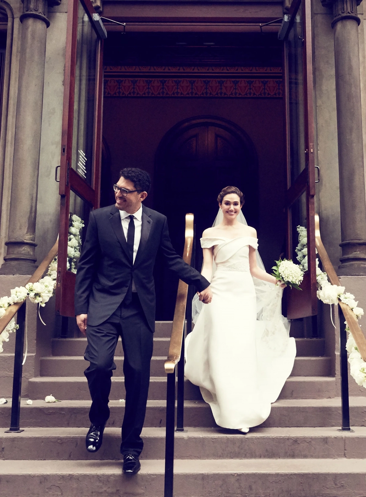 Emmy Rossum off shoulder folded satin sheath long wedding gown Emmy Rossum off shoulder folded satin sheath long wedding gown