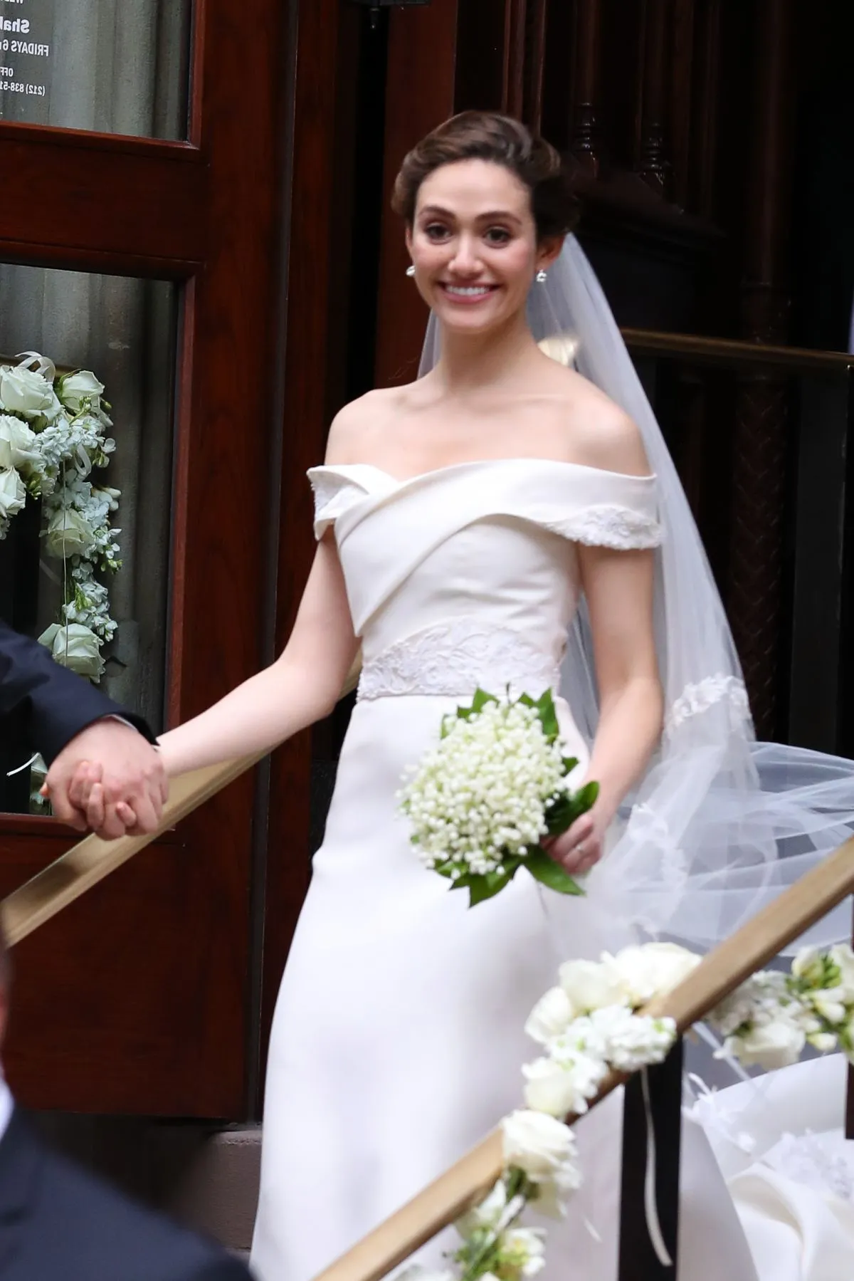 Emmy Rossum off shoulder folded satin wedding gown Emmy Rossum off shoulder folded satin wedding gown