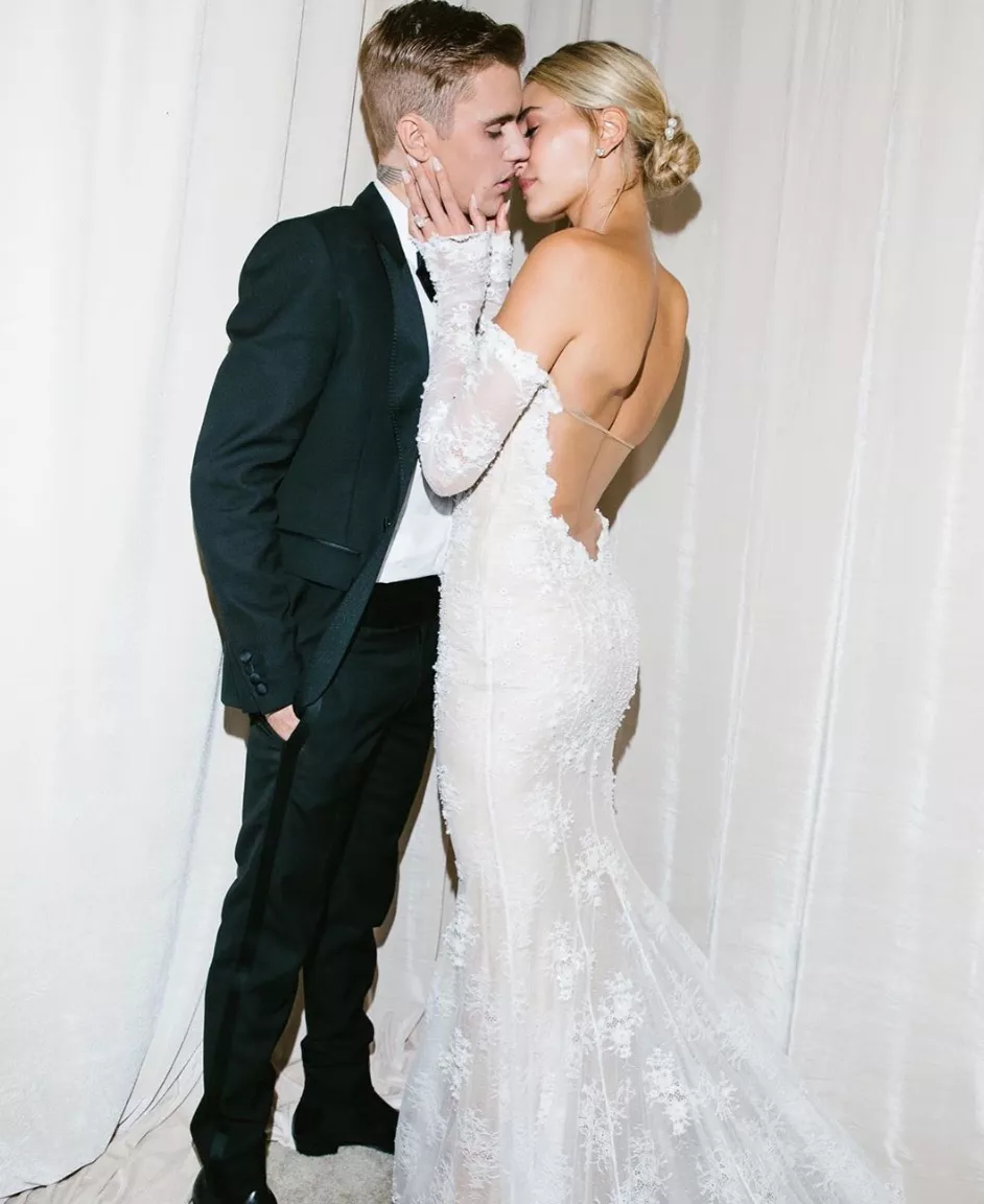 Hailey Bieber lace long sleeve backless wedding dress