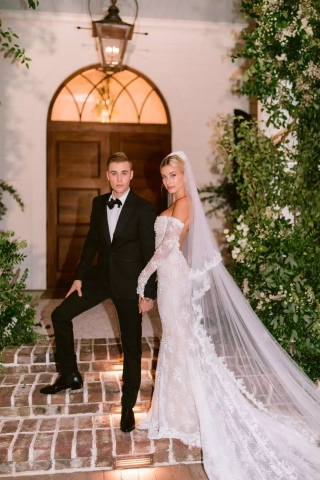 Hailey Bieber off shoulder lace long sleeve wedding dress