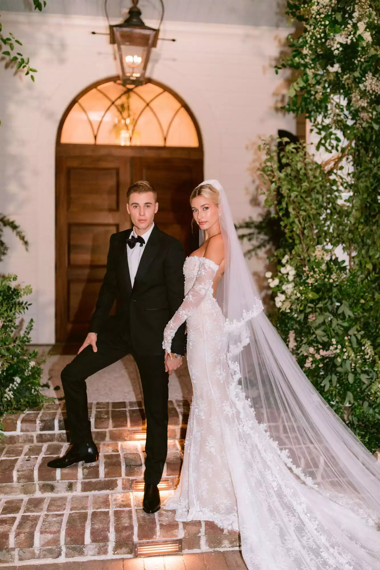 Hailey Bieber off shoulder lace long sleeve wedding dress