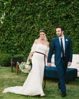 Idina Menzel off the shoulder lace boho wedding dress