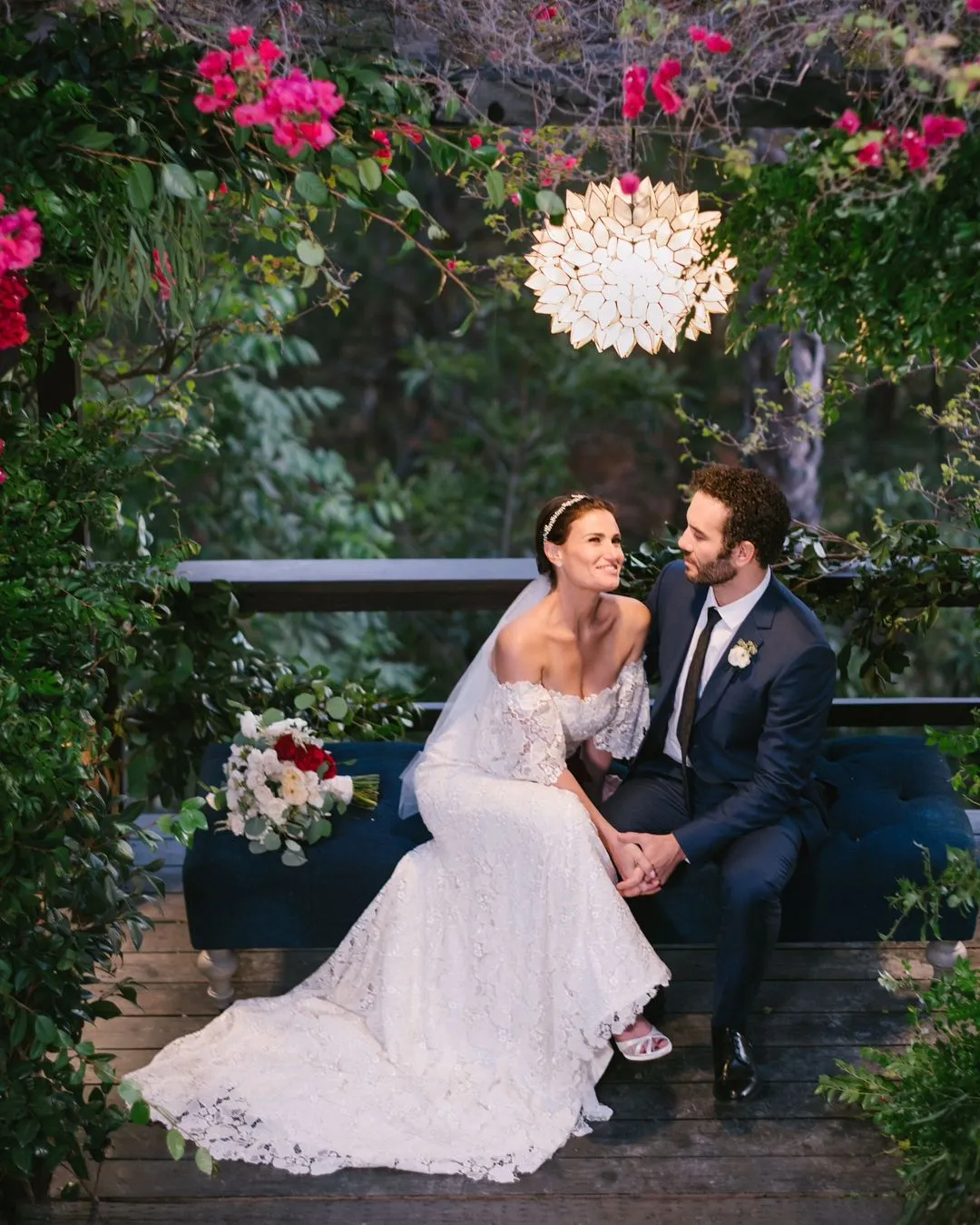 Idina Menzel off the shoulder lace destiantion wedding dress Idina Menzel off the shoulder lace destiantion wedding dress