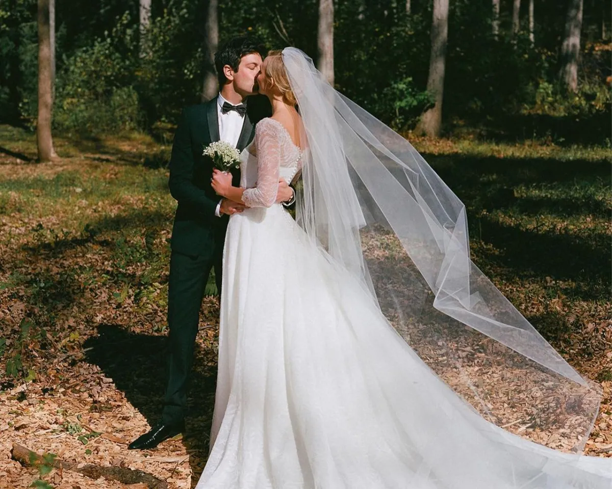 Karlie Kloss elegant sheer lace 34 sleeve puffy wedding dress