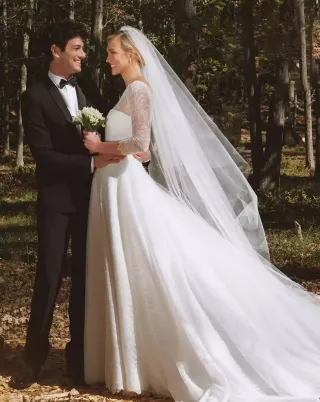 Karlie Kloss sheer lace 3 4 sleeve puffy wedding dress