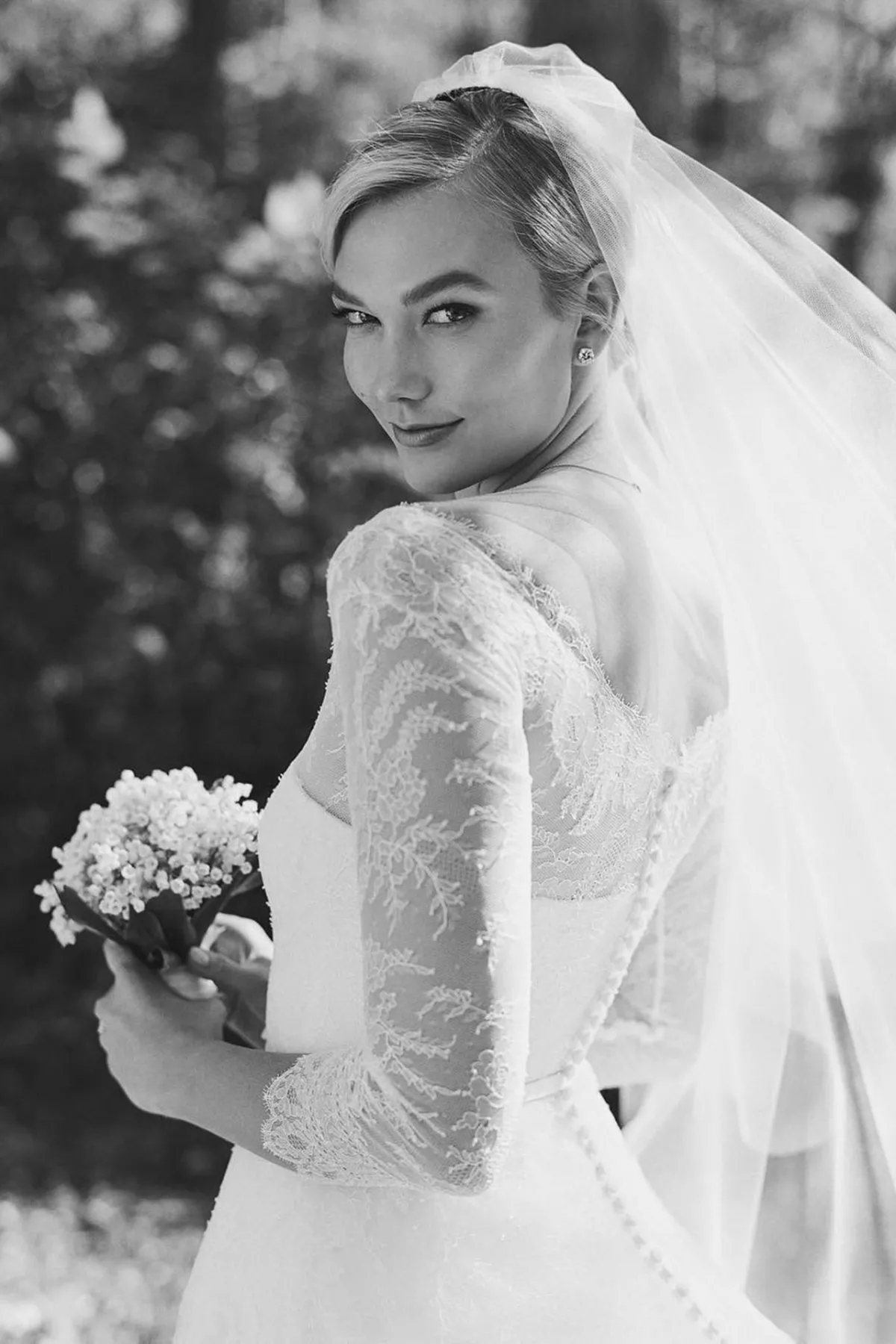 Karlie Kloss sheer lace v back 34 sleeve elegant wedding dress