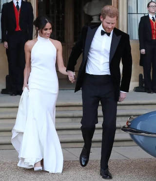 Meghan Markle halter white satin bridal shower dress