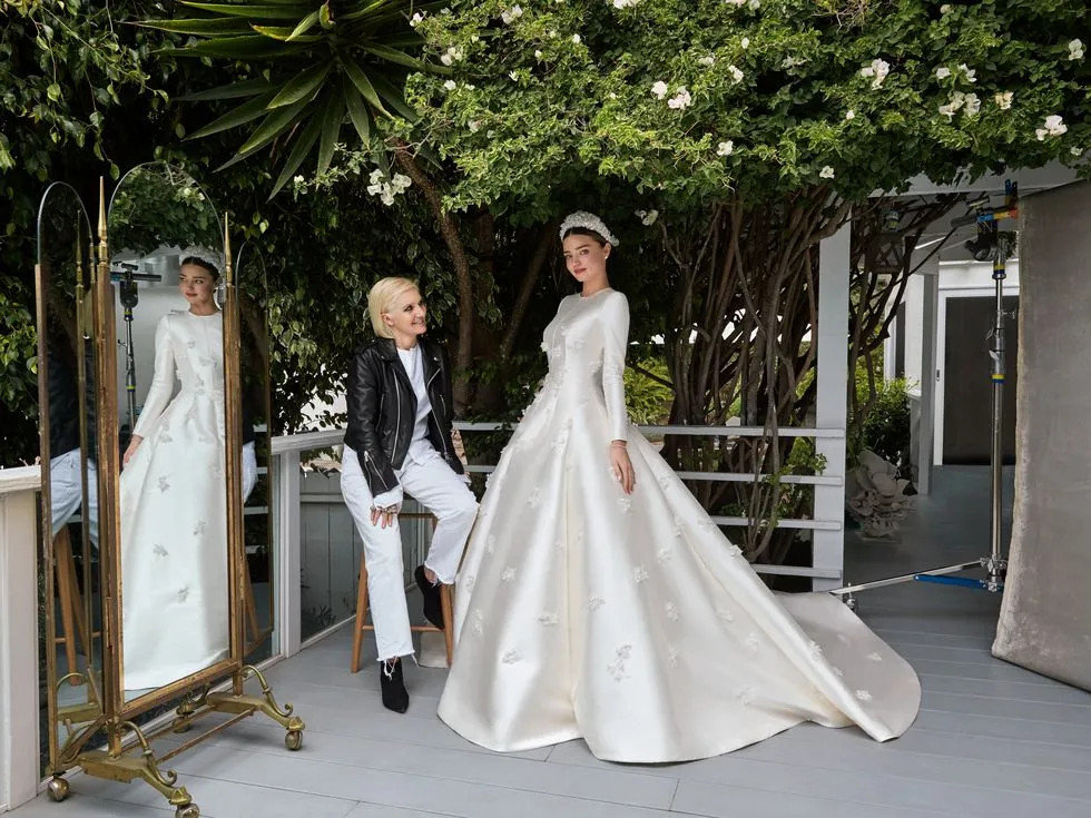 Miranda Kerr 3d flower ivory satin long sleeve wedding dress