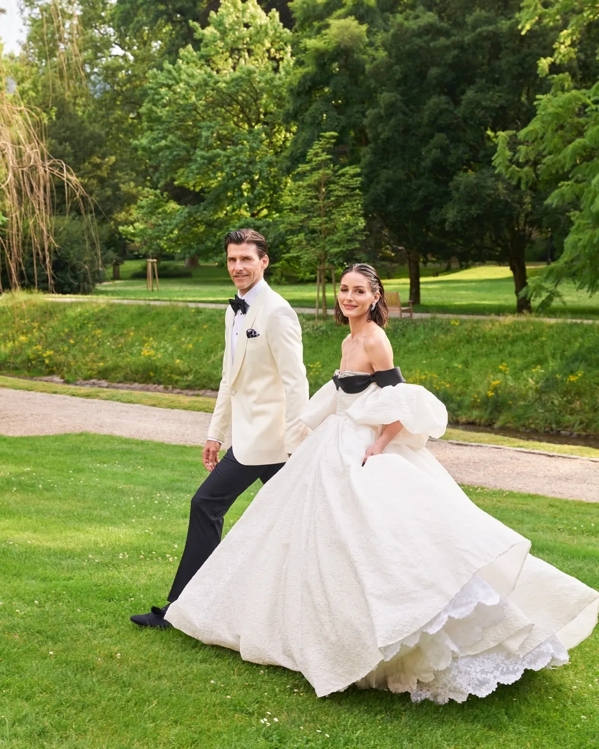 Olivia Palermo off shoulder white black princess wedding ball gown