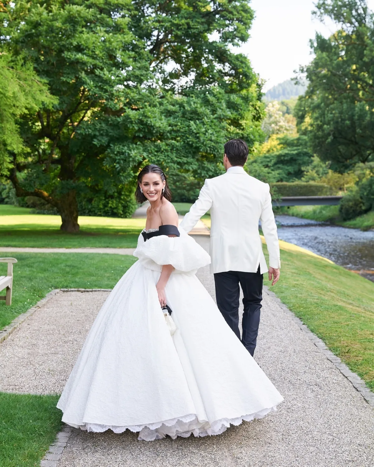 Olivia Palermo puff sleeve two tone wedding ball gown
