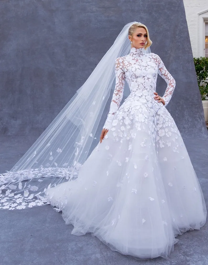 Paris Hilton 3d floral lace high neck wedding ball gown Paris Hilton 3d floral lace high neck wedding ball gown