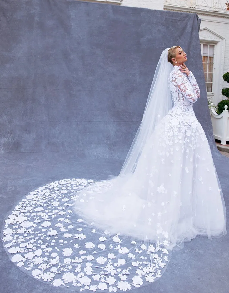 Paris Hilton 3d floral white lace high neck wedding ball gown Paris Hilton 3d floral white lace high neck wedding ball gown