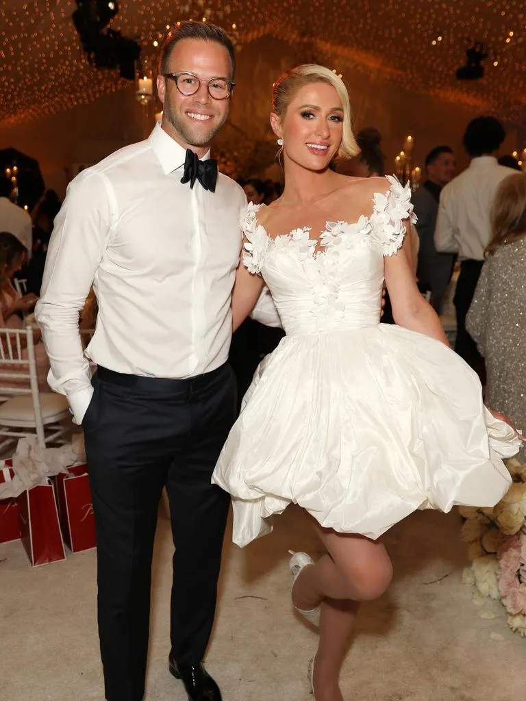 Paris Hilton floral neckline ivory taffeta short reception dress