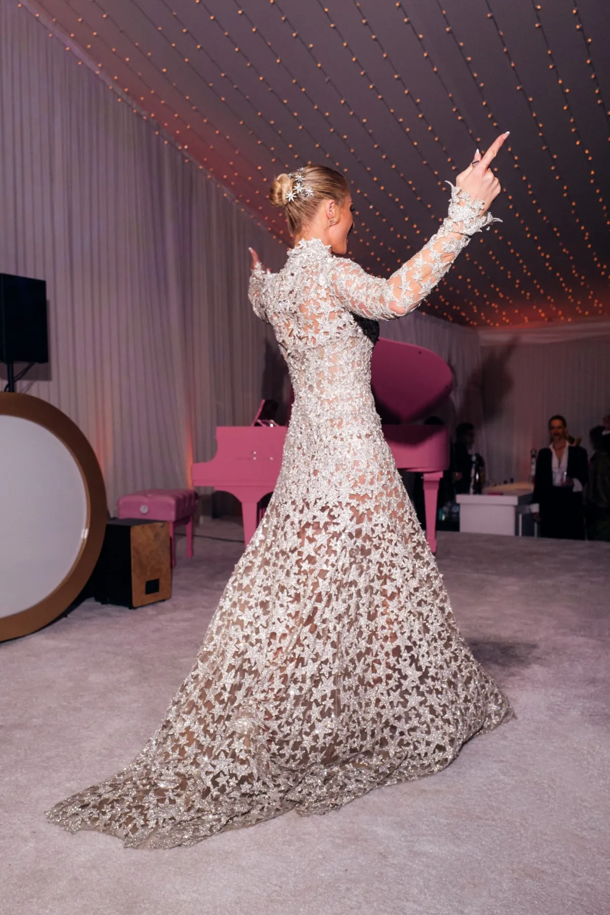 Paris Hilton glitter silver star fit and flare bridal dress