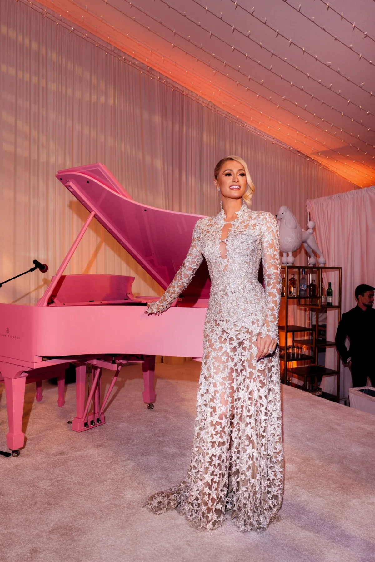 Paris Hilton glitter silver star long sleeve party dress