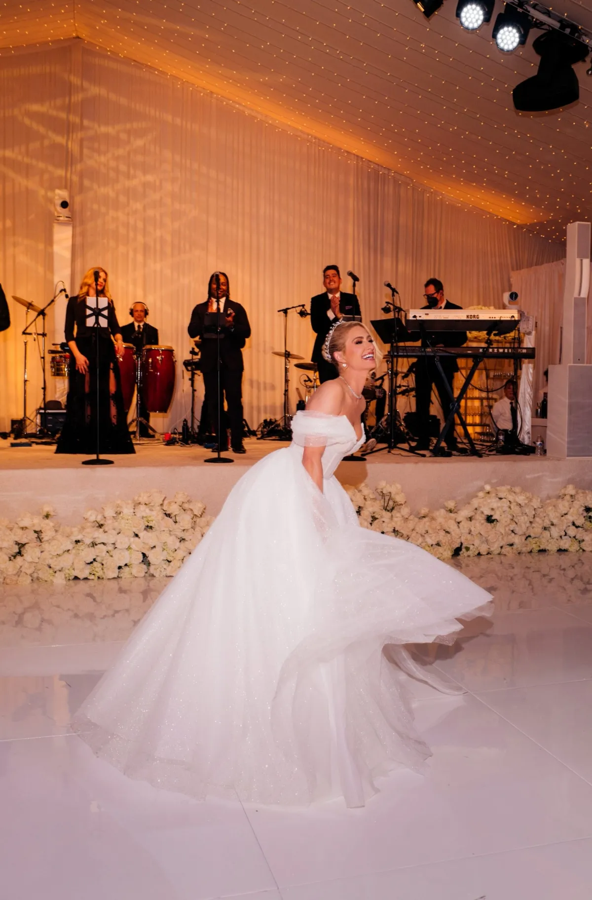 Paris Hilton glitter tulle off shoulder bridal shower dress Paris Hilton glitter tulle off shoulder bridal shower dress