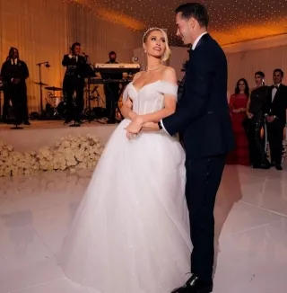 Paris Hilton glitter tulle off shoulder wedding dress
