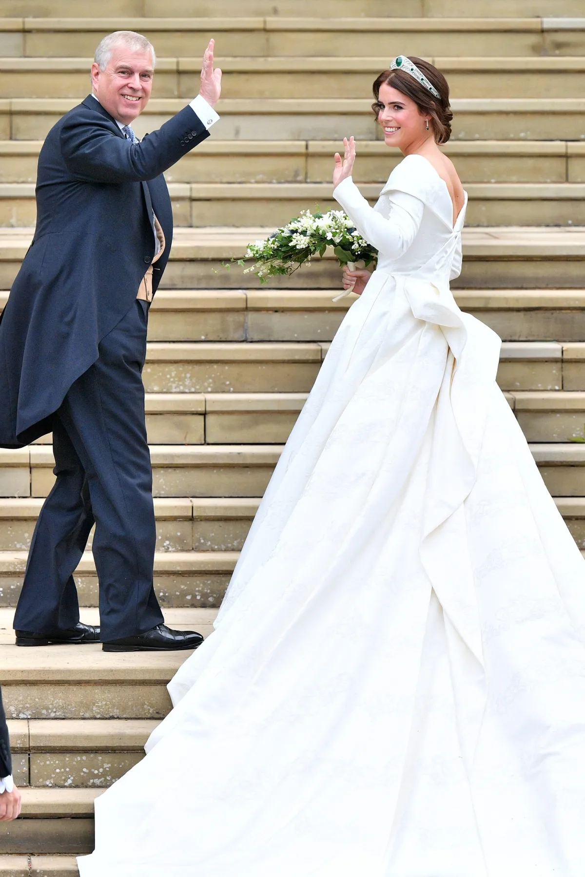 Princess Eugenie folded V back royal wedding ball gown