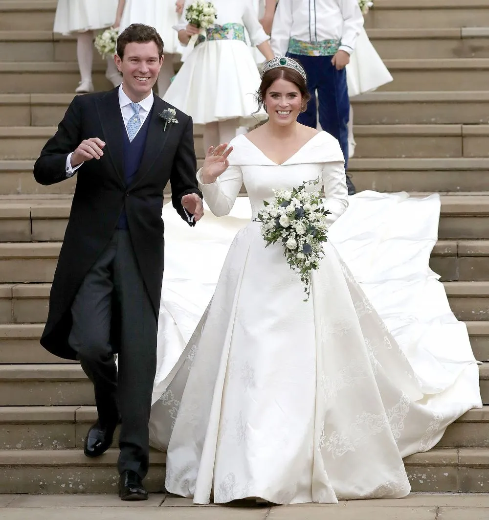 Princess Eugenie folded V neckline royal wedding ball gown