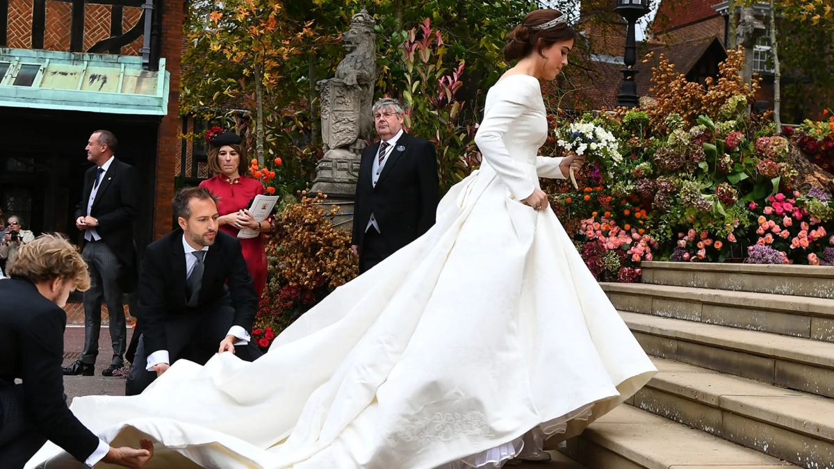 Princess Eugenie folded neckline long train wedding ball gown