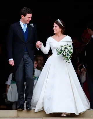 Princess Eugenie folded neckline royal wedding ball gown