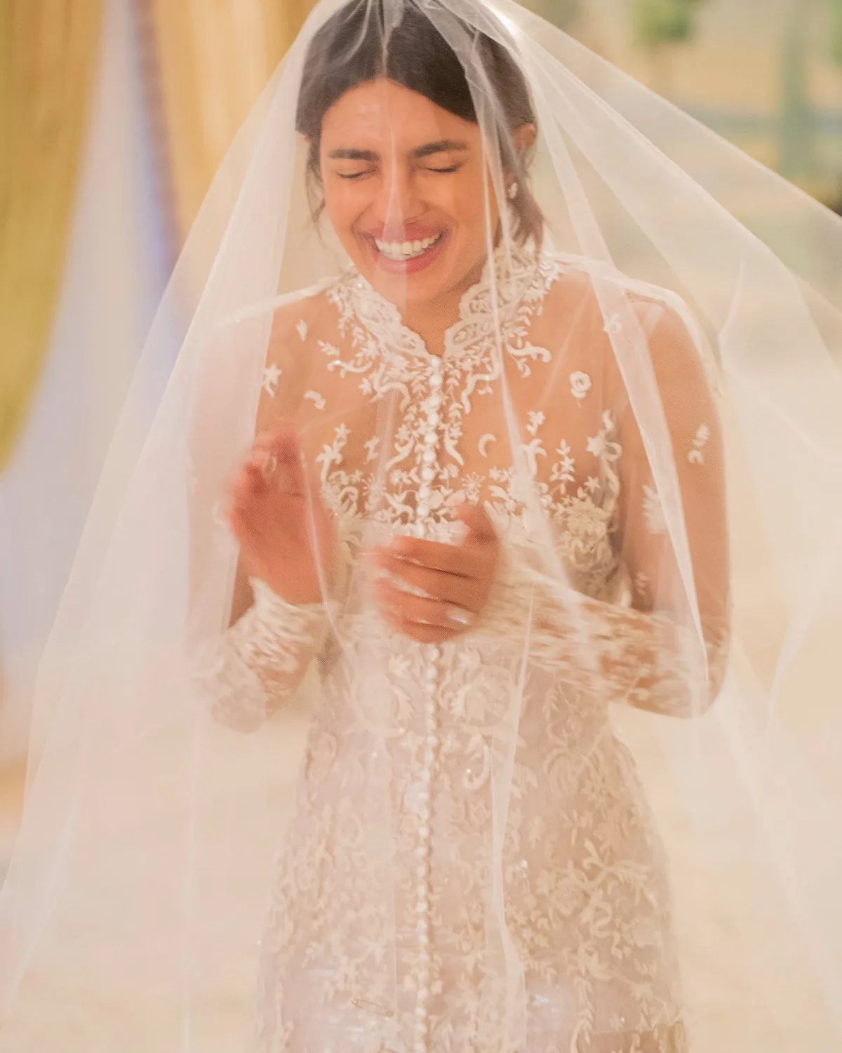 Priyanka Chopra high neck illusion lace celebrity wedding dress