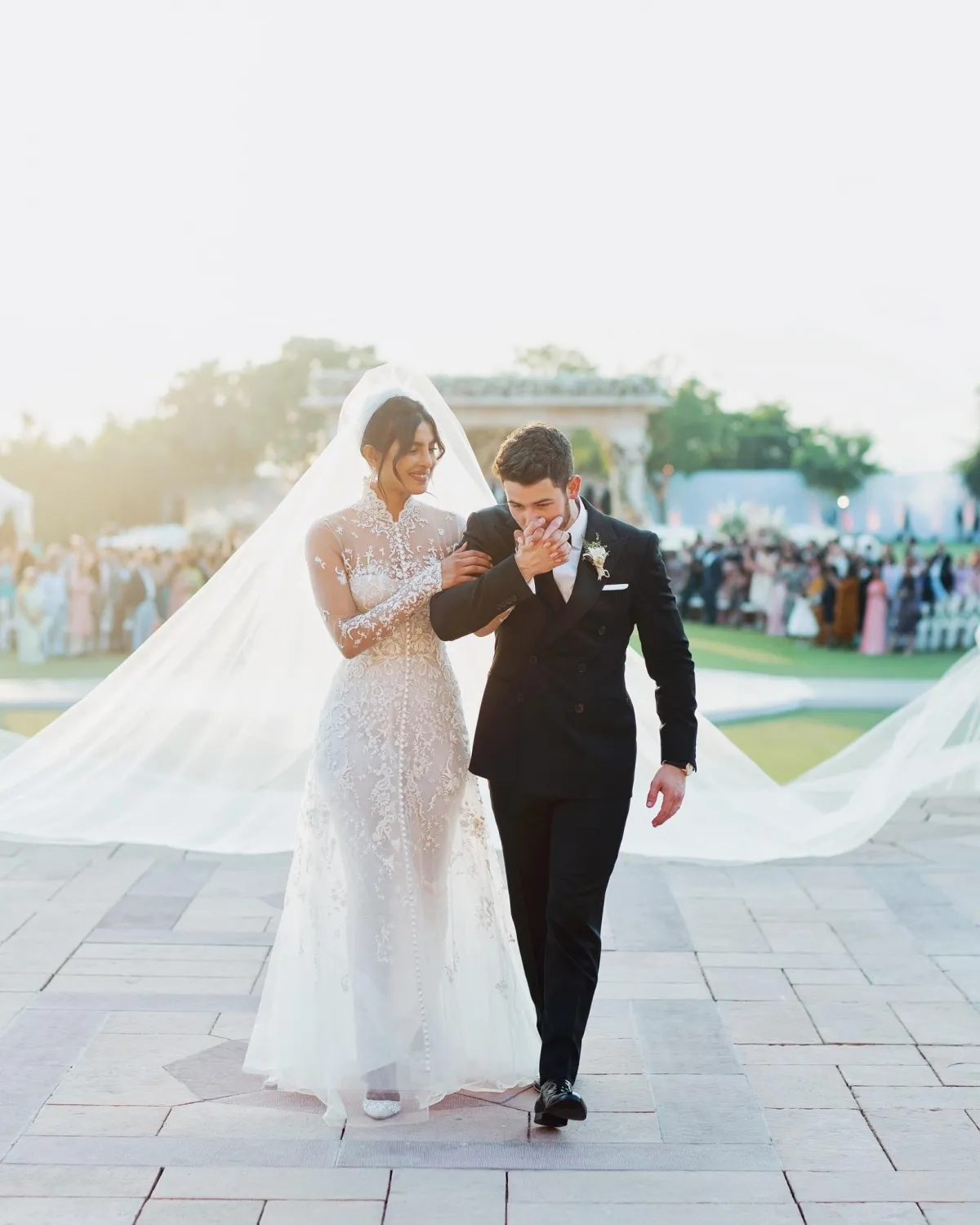 Priyanka Chopra high neck illusion lace floor length wedding dress