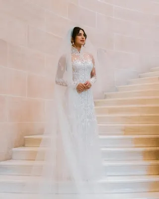 Priyanka Chopra high neck illusion lace wedding dress