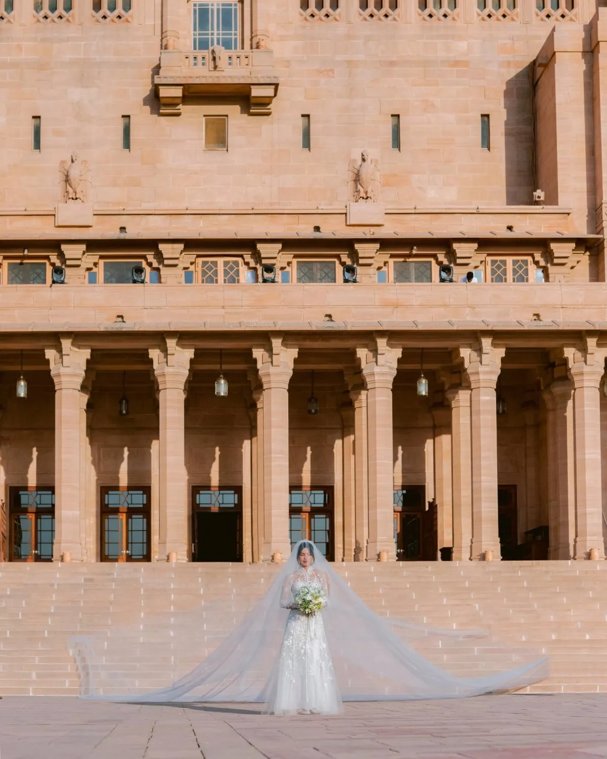 Priyanka Chopra lace overlay wedding dress paired with 75 foot veil