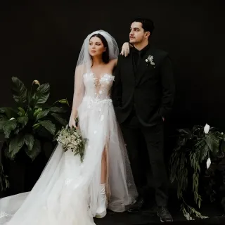 Samantha Hanratty floral dot tulle strapless bridal dress