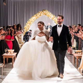Serena Williams strapless glitter cape wedding ball gown