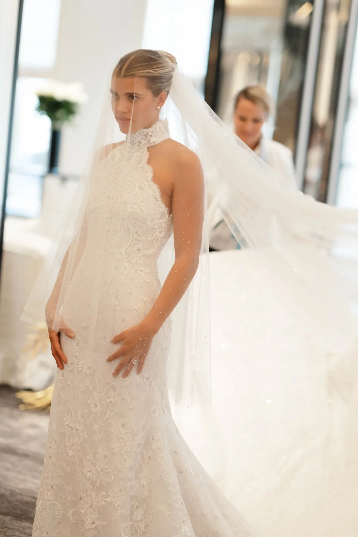 Sofia Richie beaded lace celebrity wedding dress with glitter tulle veil Sofia Richie beaded lace celebrity wedding dress with glitter tulle veil
