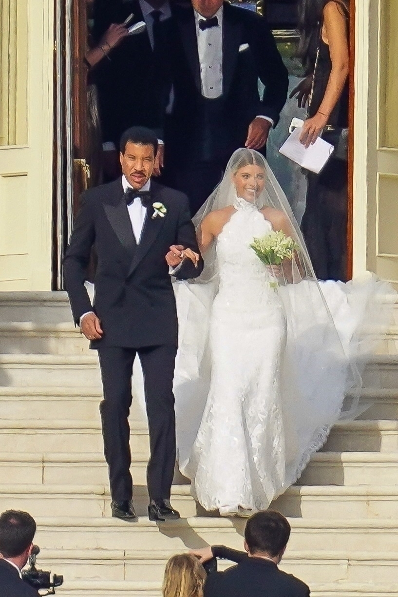 Sofia Richie halter beaded lace wedding dress with chapel train Sofia Richie halter beaded lace wedding dress with chapel train