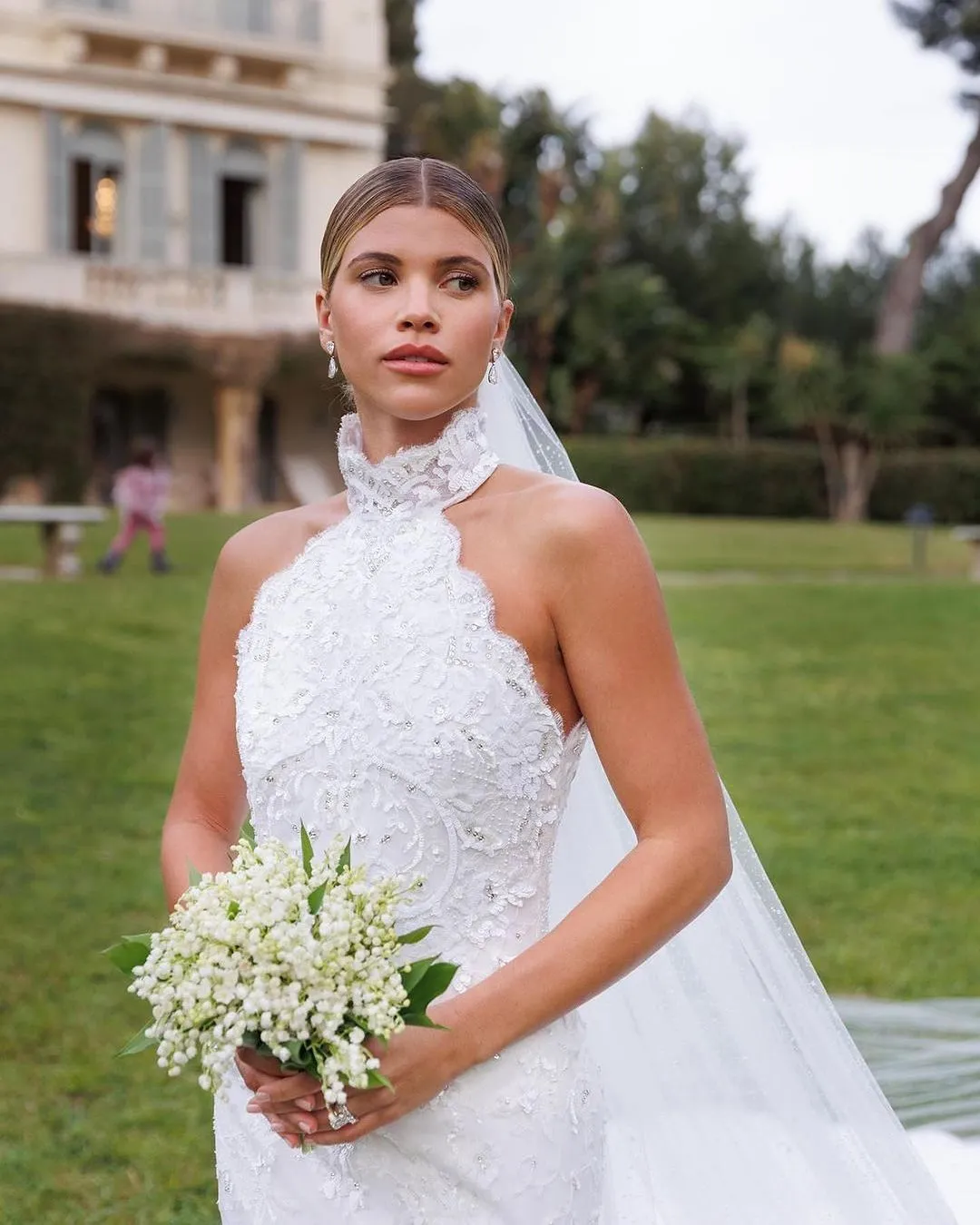 Sofia Richie scalloped halter beaded lace bridal dress Sofia Richie scalloped halter beaded lace bridal dress