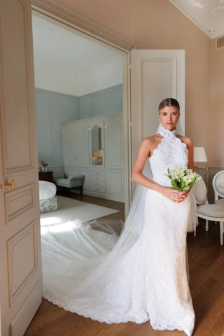 Sofia Richie scalloped halter beaded lace wedding dress