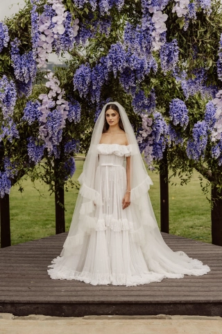 Taylor Hill off shoulder ruffled bohemian wedding dress